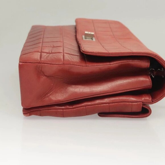 CHANEL Choco Bar Chain Shoulder Bag Lamb Skin Red Silver CC Auth BA3678 - Picture 6 of 15